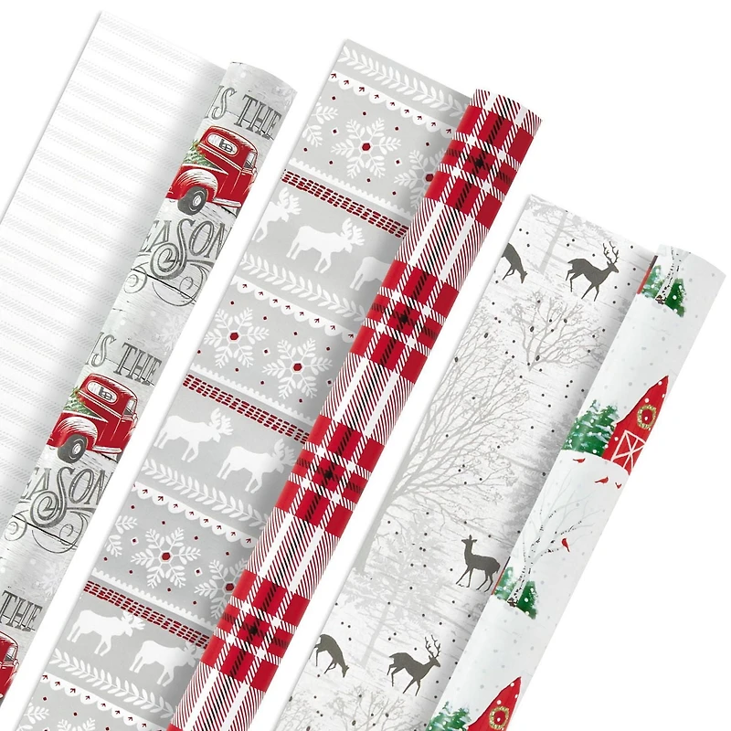 Paquet de papier d'emballage Hallmark des fêtes, motif rustique de Noël (Paquet de 3, 120 pieds carrés au total), motif écossais, ferme, camionnette rouge, orignal, paysage boisé