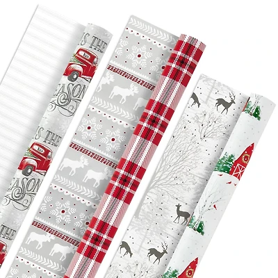 Hallmark Holiday Reversible Wrapping Paper Bundle, Rustic Christmas (Pack of 3, 120 sq. ft. ttl) Plaid, Barn, Red Truck, Moose, Woodland Scenes