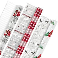 Paquet de papier d'emballage Hallmark des fêtes, motif rustique de Noël (Paquet de 3, 120 pieds carrés au total), motif écossais, ferme, camionnette rouge, orignal, paysage boisé