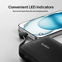Belkin BoostCharge Portable Power Bank, 2.2in/5.7cm Integrated Cable 10,000mAh PD 20W Fast Charge USB-C Power Delivery, Portable iPhone Charger for iPhone 15 Series, iPad Pro, Galaxy S24 & More Black, BEL 10K 20W CABLE PWRBNK BLK