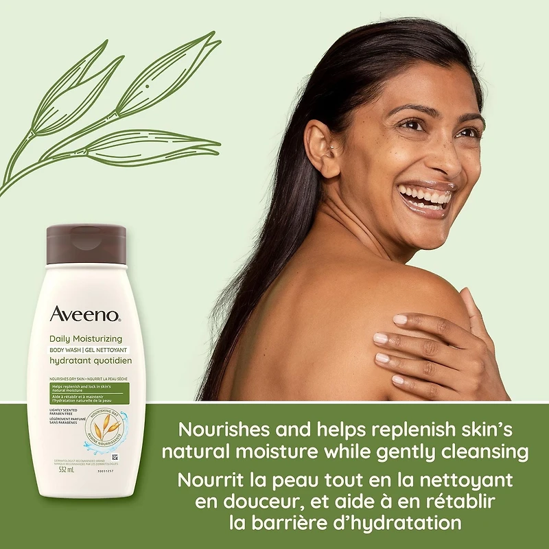 Aveeno Daily Moisturizing Body Wash, Dry Skin Care, Gentle Cleanser, Oat, Emollient, Shower Product, Lightly Scented, 975 mL