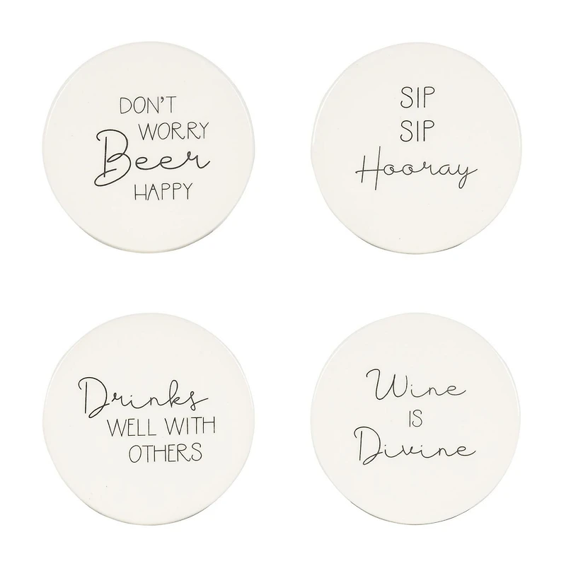 Ensemble de quatre dessous de verre en porcelaine Linden avec fini blanc dictons divers 9,8 cm de diamètre