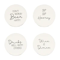 Ensemble de quatre dessous de verre en porcelaine Linden avec fini blanc dictons divers 9,8 cm de diamètre