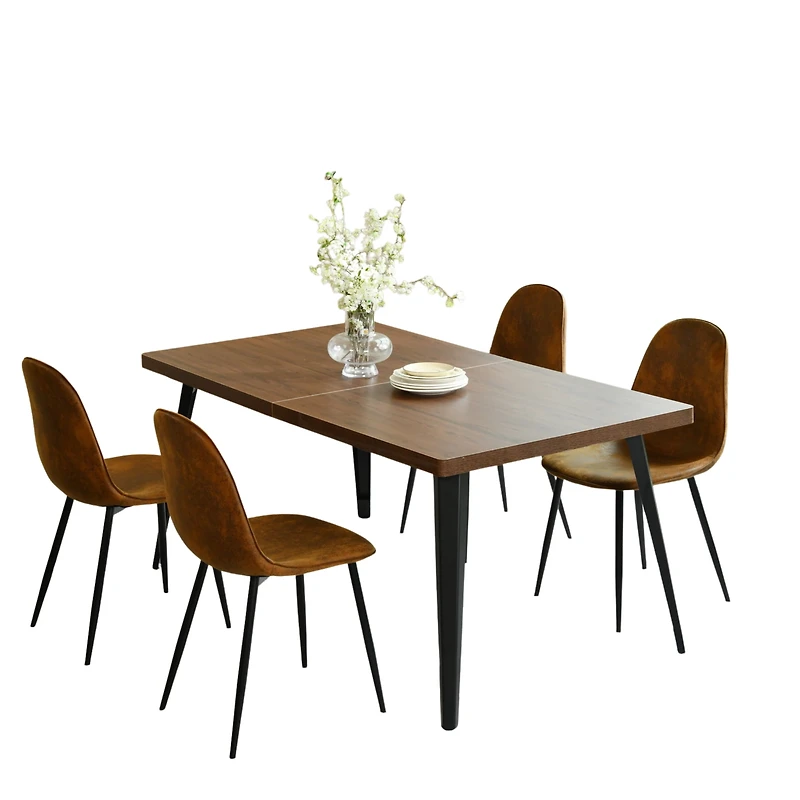 Homy Casa 63 inch Dining Set for 4, Large Faux Walnut Table with Fabric Upholstered Chairs, Green Fabric