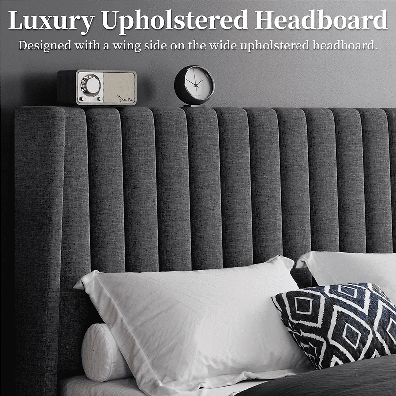 Fullfurnique Upholstered Bed Frame with Wing Side and Channel Headboard, Queen, Dark Gray