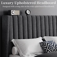 Fullfurnique Upholstered Bed Frame with Wing Side and Channel Headboard, Queen, Dark Gray