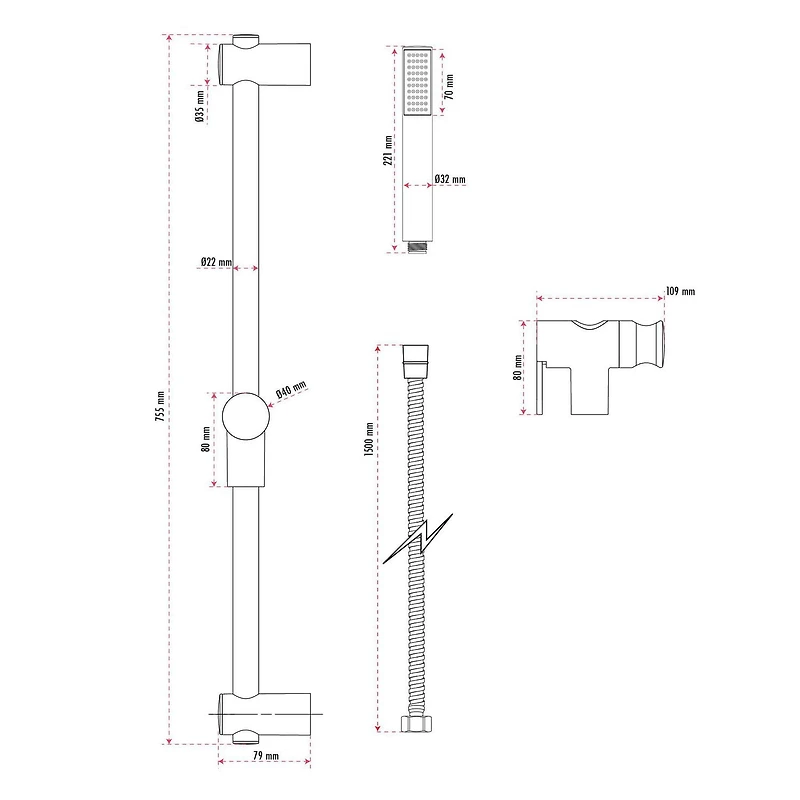 Douchette à 1 réglage d'akuaplus® avec barre de douche de 29 3/4 pouces (75.5 cm), fini chrome