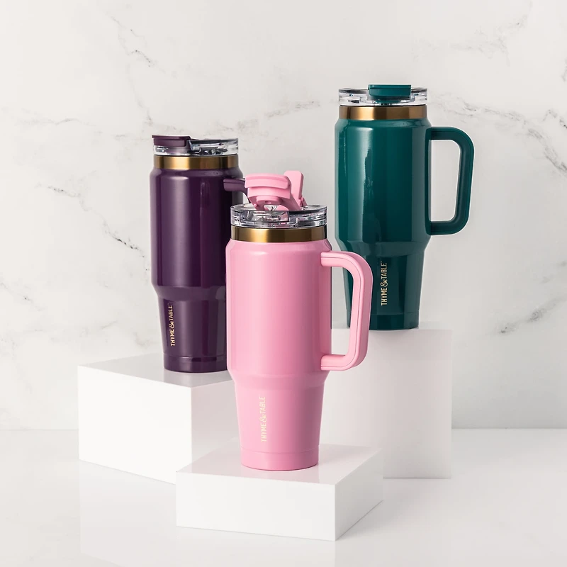 Thyme & Table 26 oz Water Bottle with Straw Lid, Pink with Heart Gold Charm