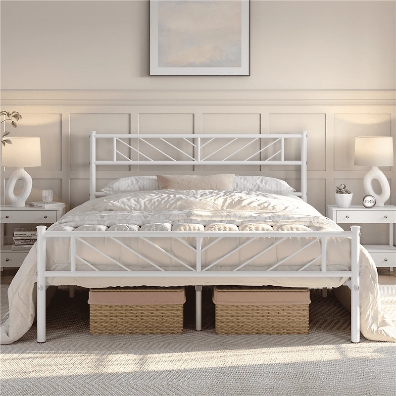 Fullfurnique Minimalist Metal Platform Bed with Arrow Design Headboard for Adult, Queen, White