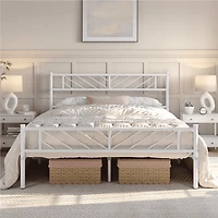 Fullfurnique Minimalist Metal Platform Bed with Arrow Design Headboard for Adult, Queen, White