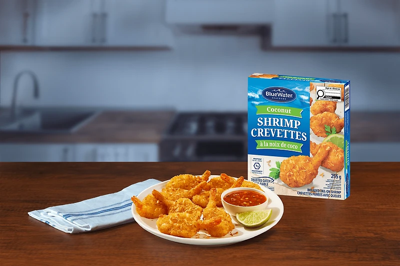 Crevettes À La Noix De Coco BlueWater Seafoods, Crevettes entières à, Panées avec une chapelure Panko croustillante, Congelé, Emballage de 255 g Crevettes à la noix de coco croustillantes avec chapelure Panko