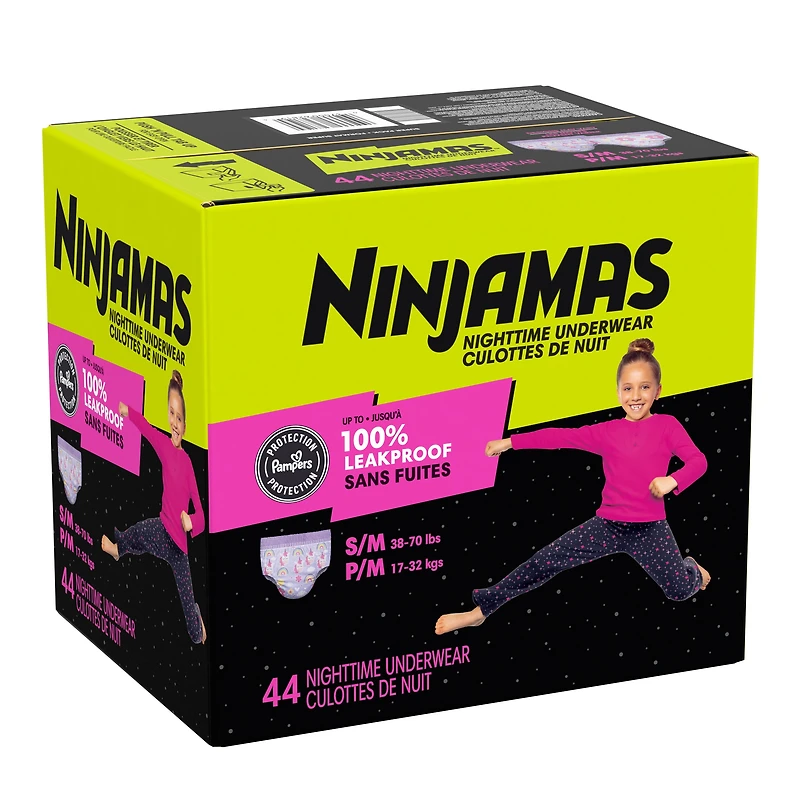 Ninjamas Nighttime Bedwetting Underwear Girl, Sizes S/M - L/XL, 34-44 Count