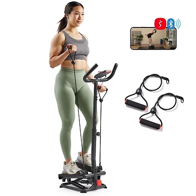 Stepper Intelligent Sunny Health & Fitness - Machine d'Exercice Escalier pour la Maison avec Guidon et Bandes de Résistance, Fitness Connecté Compact et Peu Encombrant avec l'Application SunnyFit - SF