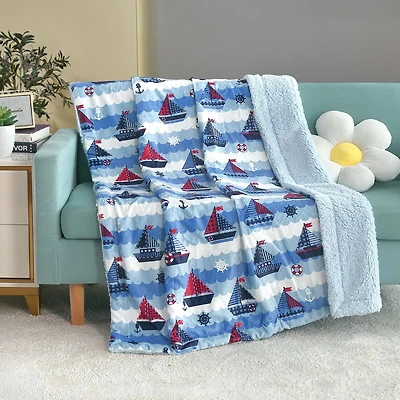 Couverture réversible en flanelle polaire douce et chaude pour enfants, motif bateau à voile nautique avec base blanche, 101 x 127 cm