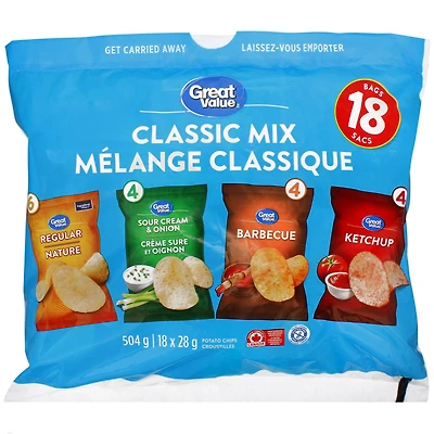 Great Value Classic Mix Potato Chips, 504 g (18 bags x 28 g)