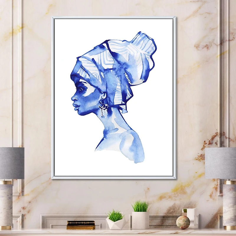 Designart Portrait de mode bleu de femme afro-américaine ART MURAL À CADRE FLOTTÉ