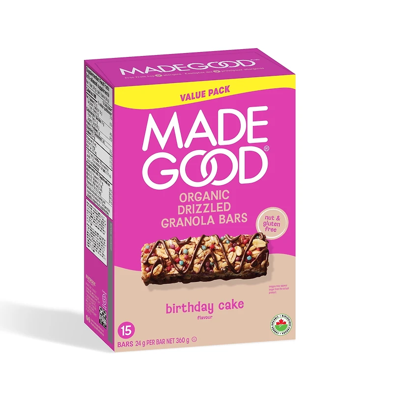 MadeGood Chocolate Drizzled Birthday Cake Bar 15ct, MG Birthday Cake Granola Bars VP