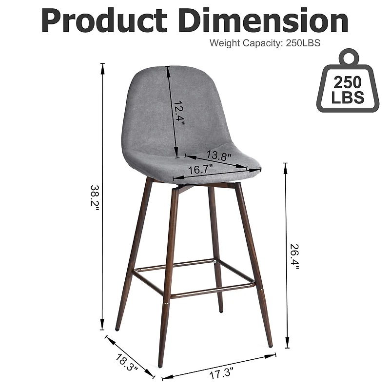 Homy Casa Lot de 2 tabourets de bar contemporains, hauteur d'assise 66 cm, revêtement en tissu et pieds en bois, Gris