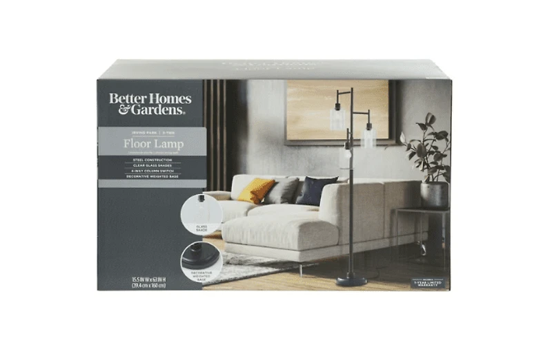 Better Homes & Gardens Lampadaire contemporain noir à 3 lumières et verre transparent – ​​63,5 po