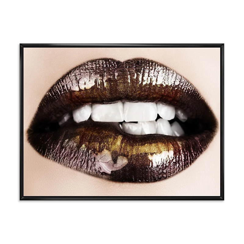Designart Black Gold Lips Biting FLOAT FRAME WALL ART
