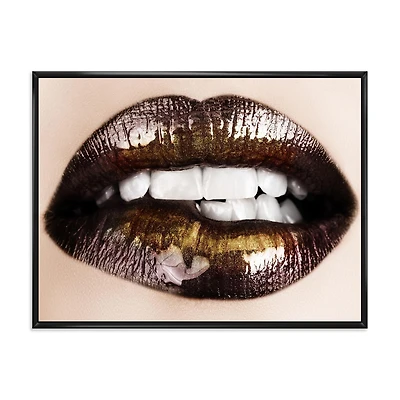 Designart Black Gold Lips Biting FLOAT FRAME WALL ART