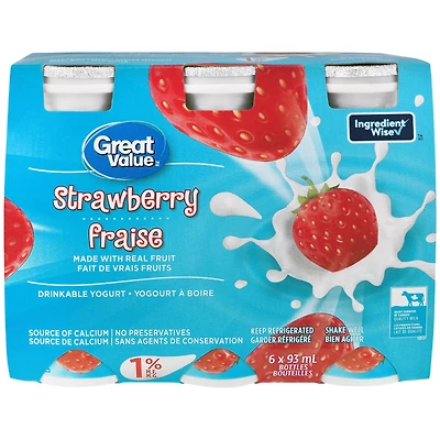 Great Value Strawberry Drinkable Yogurt, 6 x 93 mL