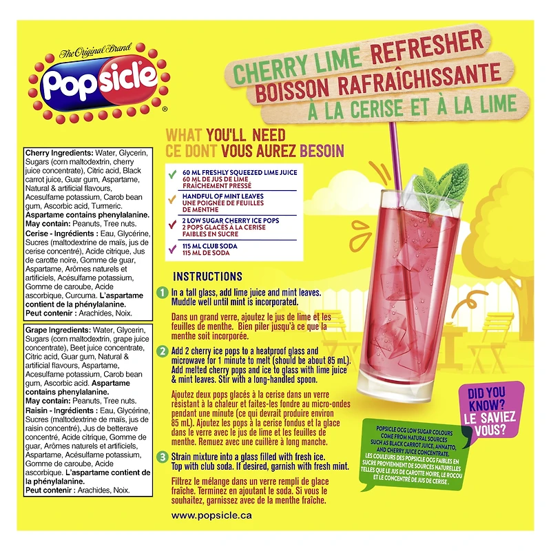 Pops glacés Popsicle Orange, Cerise et Raisin Faible en Sucre 18 x 48 mL