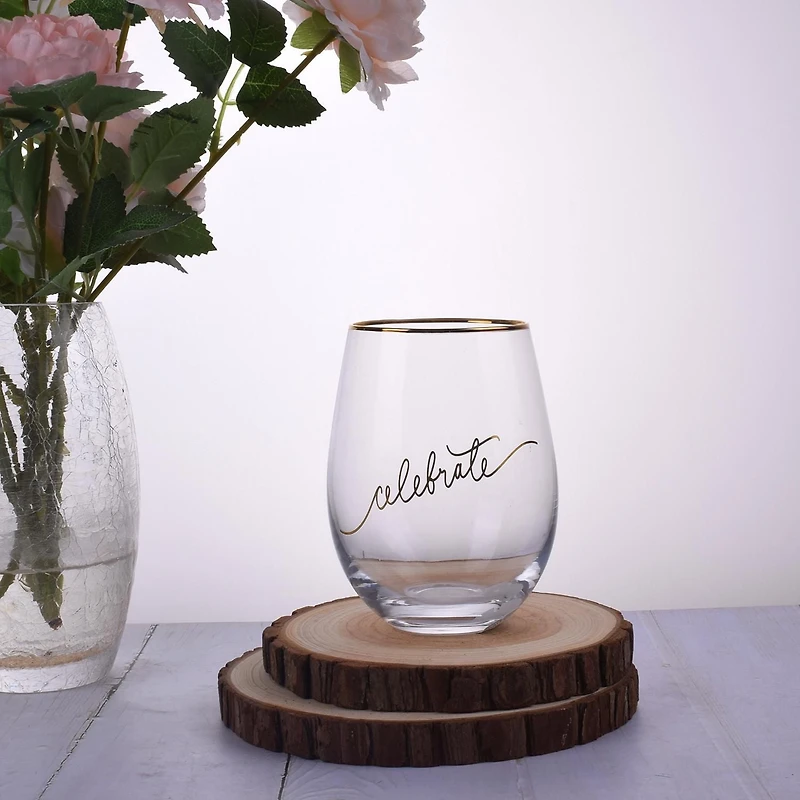 Brillant design Clear Stemless Wine Glass/ multi-purpose stemless wine glass- CELEBRATE