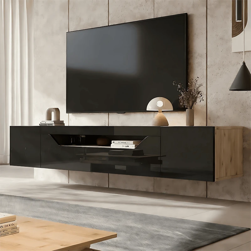 Homy Casa 64.9" Floating TV Stand for TVs up to 65", Wall Mounted Media Console with App-Controlled LED, Black Gloss & Oak
