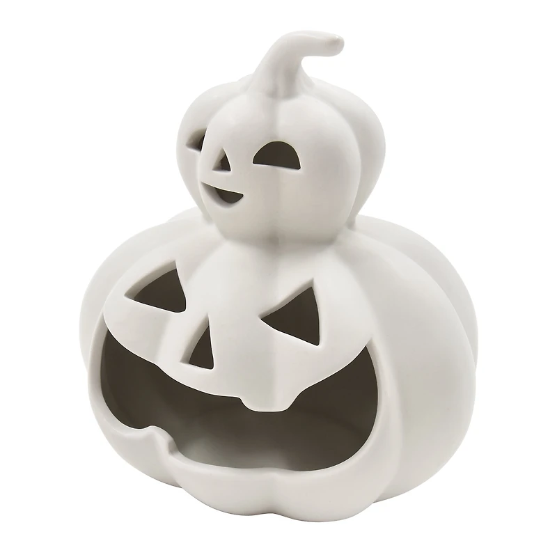 Photophore en céramique Halloween 7 pouces, motif citrouille empilée, gris chaud, par Façon de célébrer