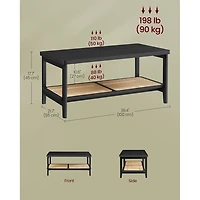 SONGMICS HOME Boho Style 2-Tier Coffee Table for Living Room – Rectangular Center Table with PVC Rattan Shelf, Rounded Corners, Easy to Assemble, Ash Black