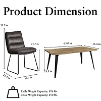 Homy Casa 63 inch 5-Piece Dining Set, Faux Walnut Live Edge Table Grey Faux Leather Upholstered Side Chairs