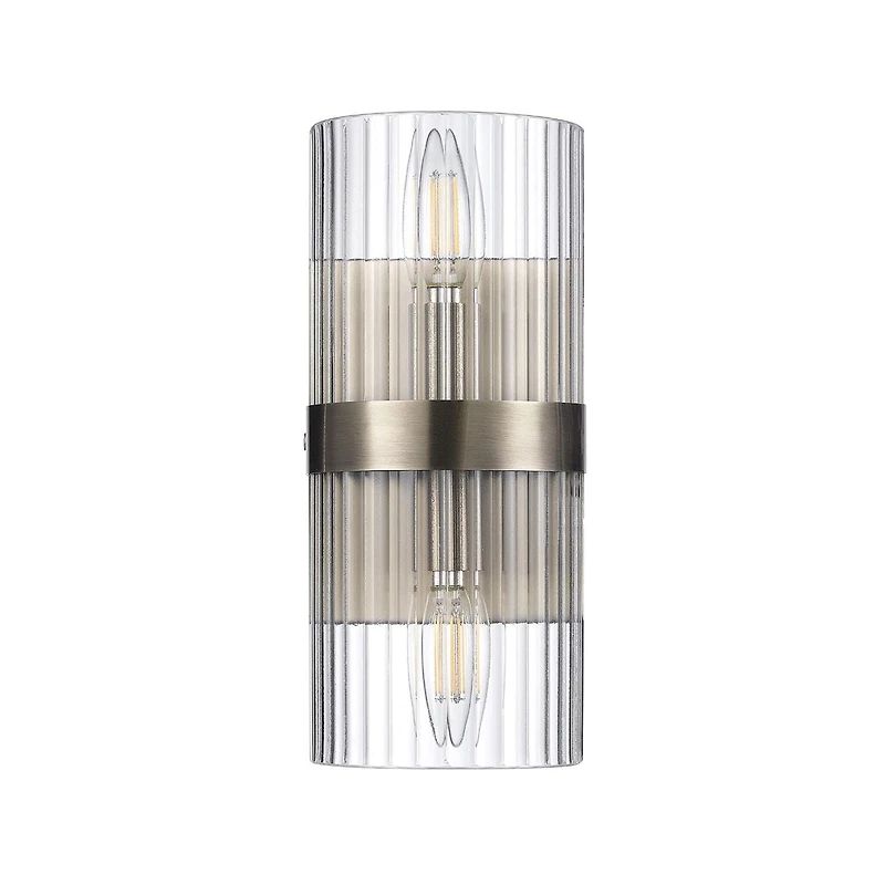 2-Light Matte Brass Wall Sconce with Ribbed Glass Shade