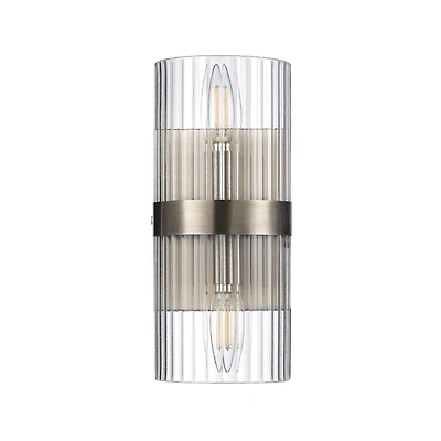 2-Light Matte Brass Wall Sconce with Ribbed Glass Shade