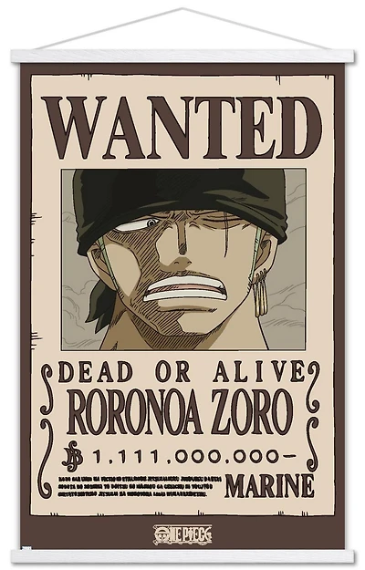 One Piece - Roronoa Zoro Wanted Poster Wall Poster with Magnetic Frame, 22.375" x 34"