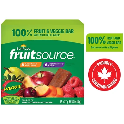 Boîte de barres 100 % fruits et légumes SunRype Snacks 12 x 37 g