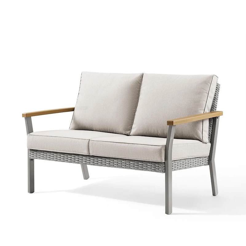 SONGMICS HOME Sencillo Collection - 6 Piece Patio Rattan Furniture Set, 1 Coffee Table, 1 Loveseat, 2 Lounge Chairs and 2 Ottomans, Gray and Beige