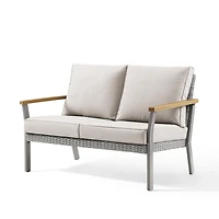 SONGMICS HOME Sencillo Collection - 6 Piece Patio Rattan Furniture Set, 1 Coffee Table, 1 Loveseat, 2 Lounge Chairs and 2 Ottomans, Gray and Beige