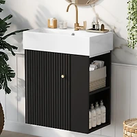 Noble House Meuble-Lavabo Flottant Moderne de 21,6 Pouces avec Bassin en Céramique pour Petites Salles de Bains, Rangement Côté Droit, Noir