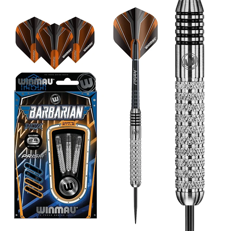 Fléchettes Winmau® Barbarian Inox en acier de style tungstène - Comprend trois fléchettes de style tungstène à pointe en acier, trois tiges Prism Force et trois Prism Alpha empennages - 24 grammes