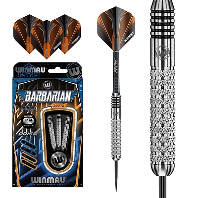Fléchettes Winmau® Barbarian Inox en acier de style tungstène - Comprend trois fléchettes de style tungstène à pointe en acier, trois tiges Prism Force et trois Prism Alpha empennages - 24 grammes