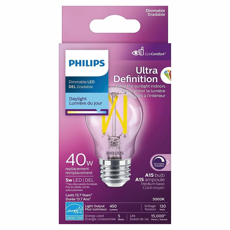 Philips UltraDefinition LED A15 E26 40W ampoule à économie d'énergie, dimmable lumière du jour (5000K)