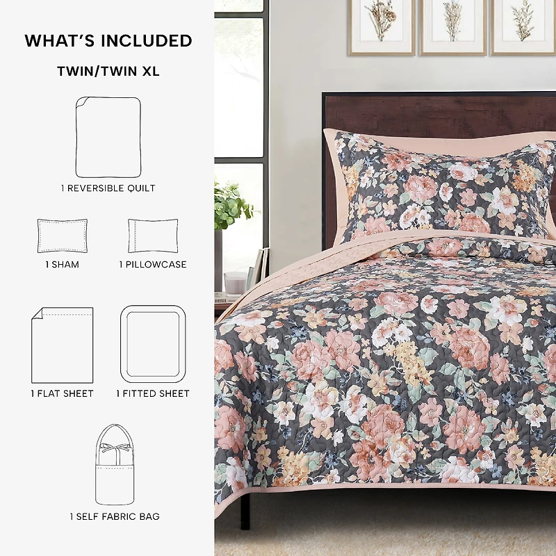 Mainstays Ensemble courtepointe et drap-housse légers tout-en-un - 7pièces, Grand Lit, Floral Gris