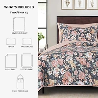 Mainstays Ensemble courtepointe et drap-housse légers tout-en-un - 7pièces, Grand Lit, Floral Gris