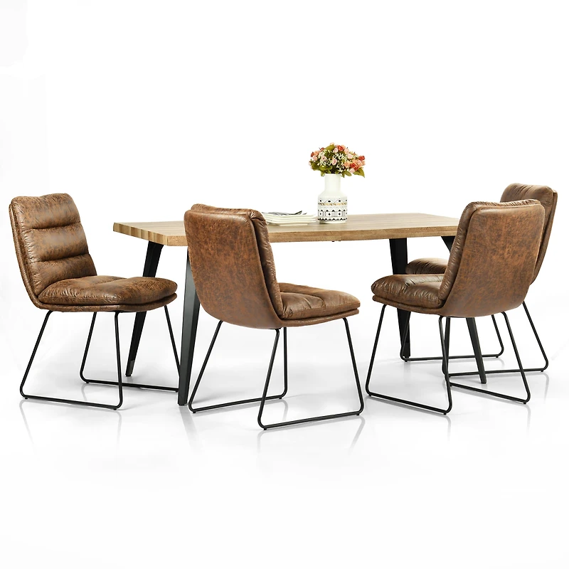 Homy Casa 63 inch Industrial Dining Set for 4, Faux Walnut Wood Table Brown Faux Leather Chairs