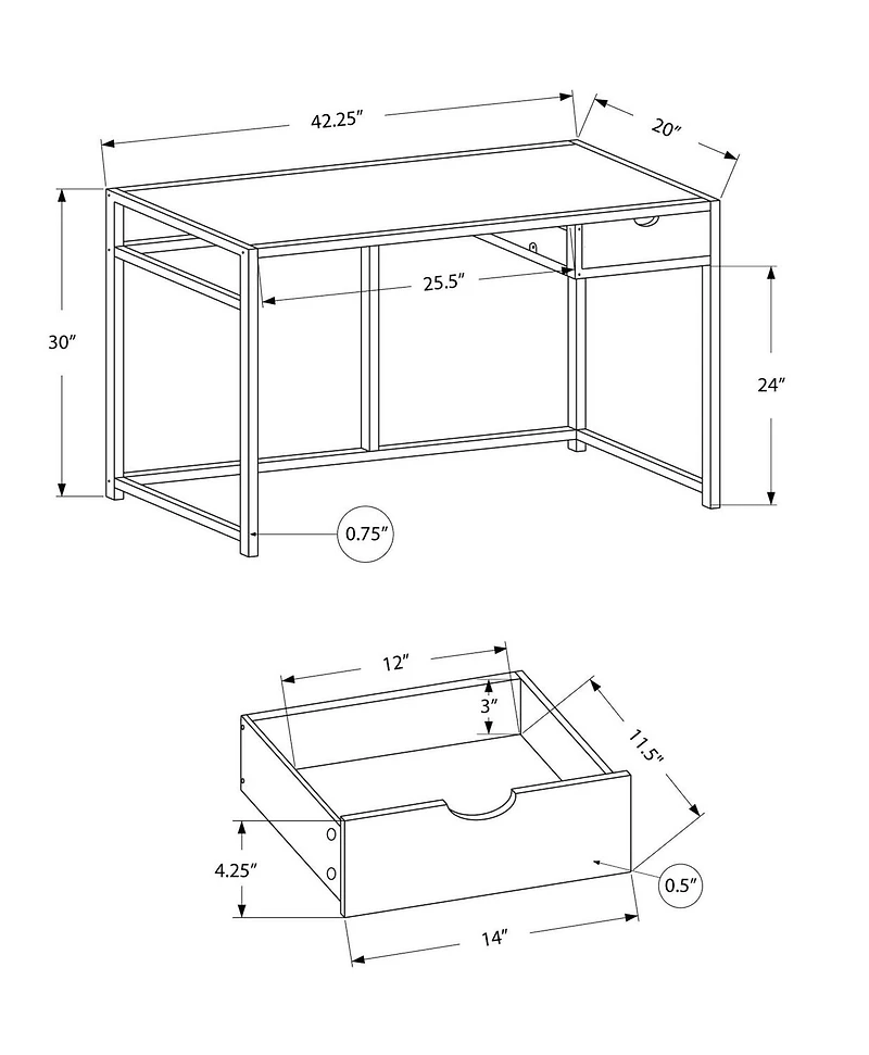 Monarch Specialties Bureau, Bureau À Domicile, Ordinateur Portable, Tiroir De Rangement, 42"l, Travail, Métal, Stratifié, Noir, Contemporain, Moderne