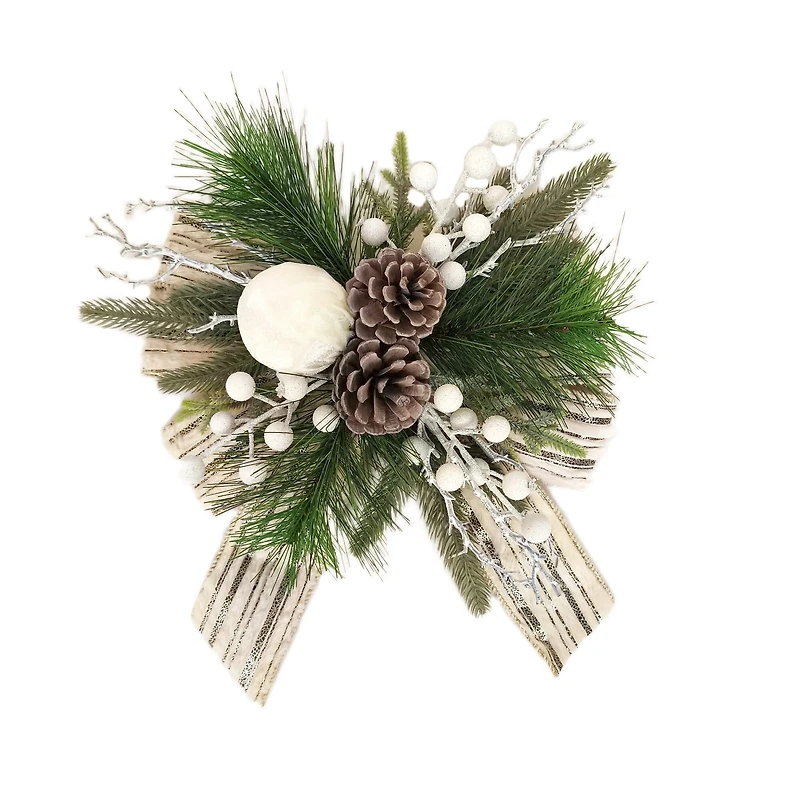 White Berries Christmas Floral Bow Decor, 13" Tall, Holiday Time, HOLIDAY TIME PL WHITE BERRY FLRL BOW