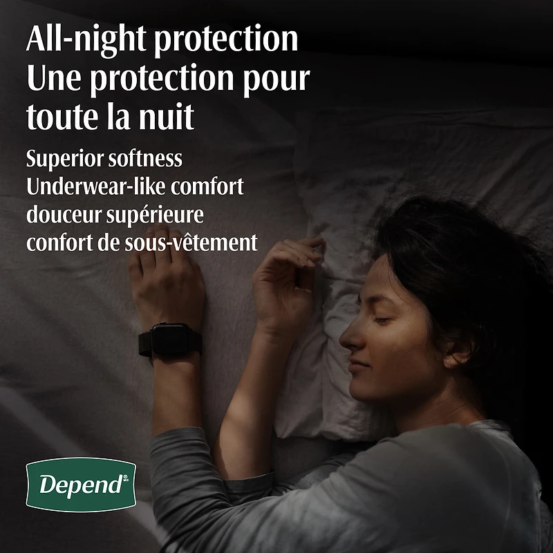Sous-vêtements d’incontinence et fuites urinaires post-partum pour femmes adultes Depend Night Defense pour femmes, jetables, de nuit, taille moyenne, roses, 60 unités