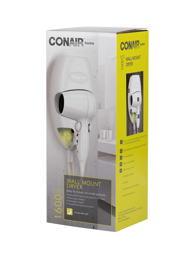 Sèche-cheveux Conair 1600 watt compact avec fixation murale