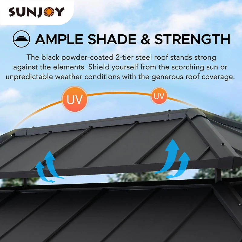 SUNJOY Gazebo à grillades Churchill 8 pi x 12 pi à cadre en cèdre avec port d'alimentation CA exclusif noir